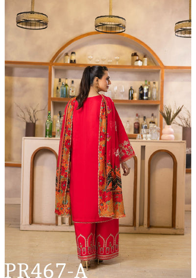 Vibrant Red Embroidered 3-Piece Suit with Floral Dupatta