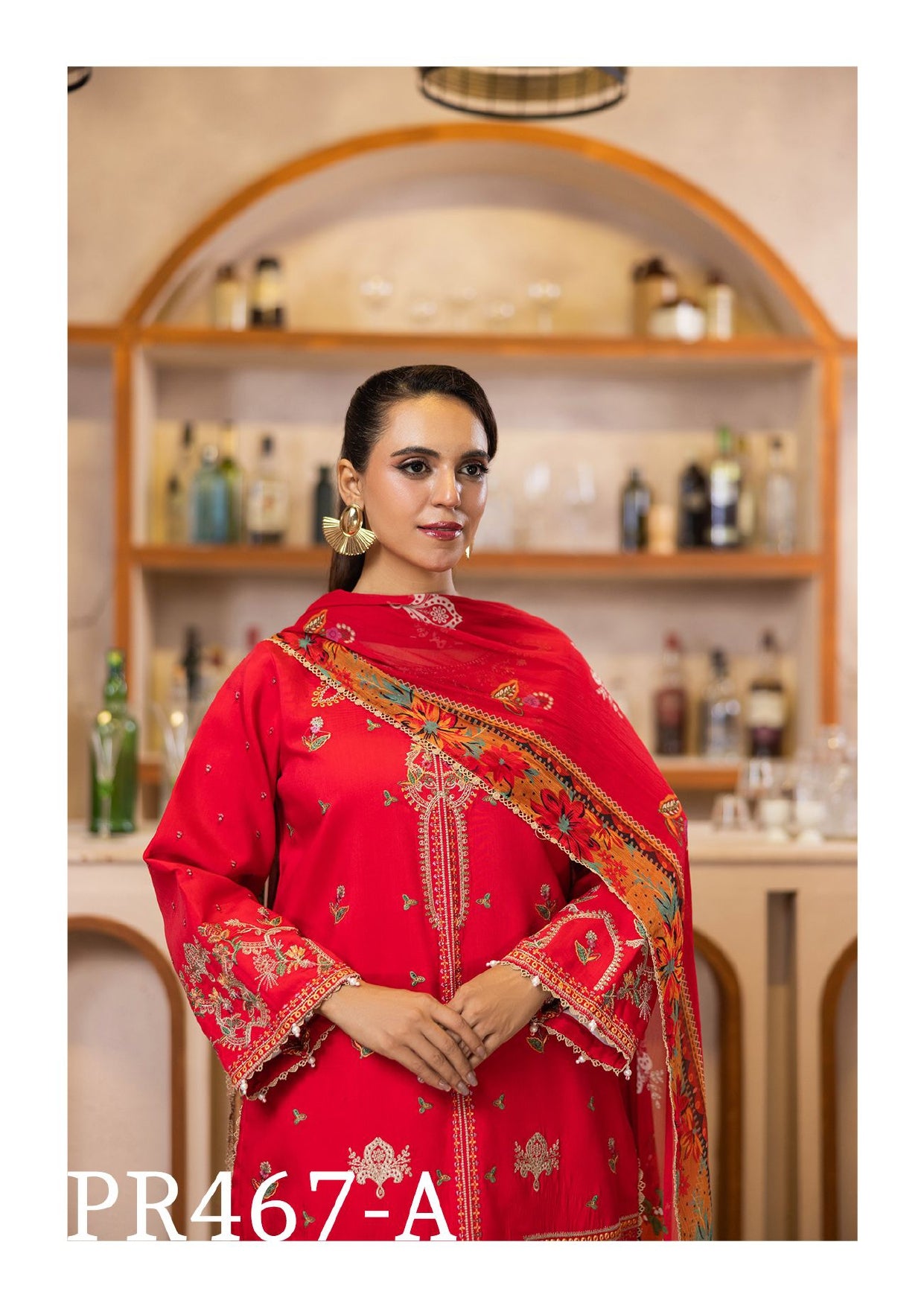 Vibrant Red Embroidered 3-Piece Suit with Floral Dupatta