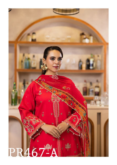 Vibrant Red Embroidered 3-Piece Suit with Floral Dupatta