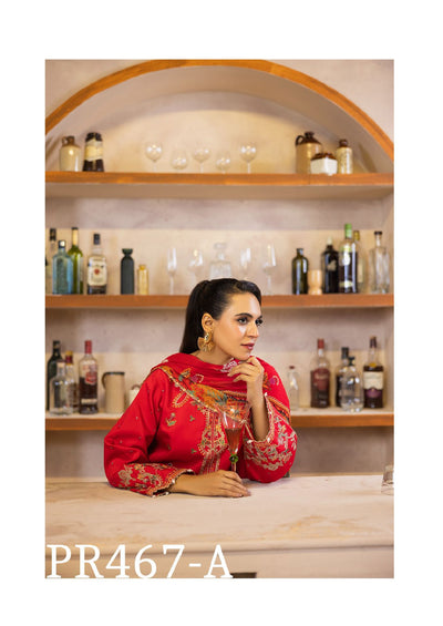 Vibrant Red Embroidered 3-Piece Suit with Floral Dupatta