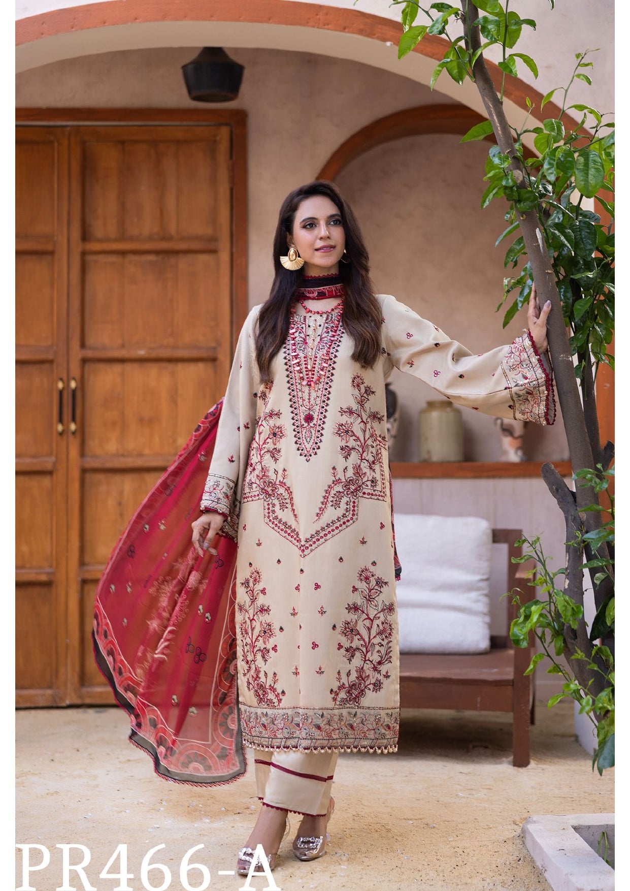 Classic Beige Embroidered 3-Piece Suit with Red Dupatta