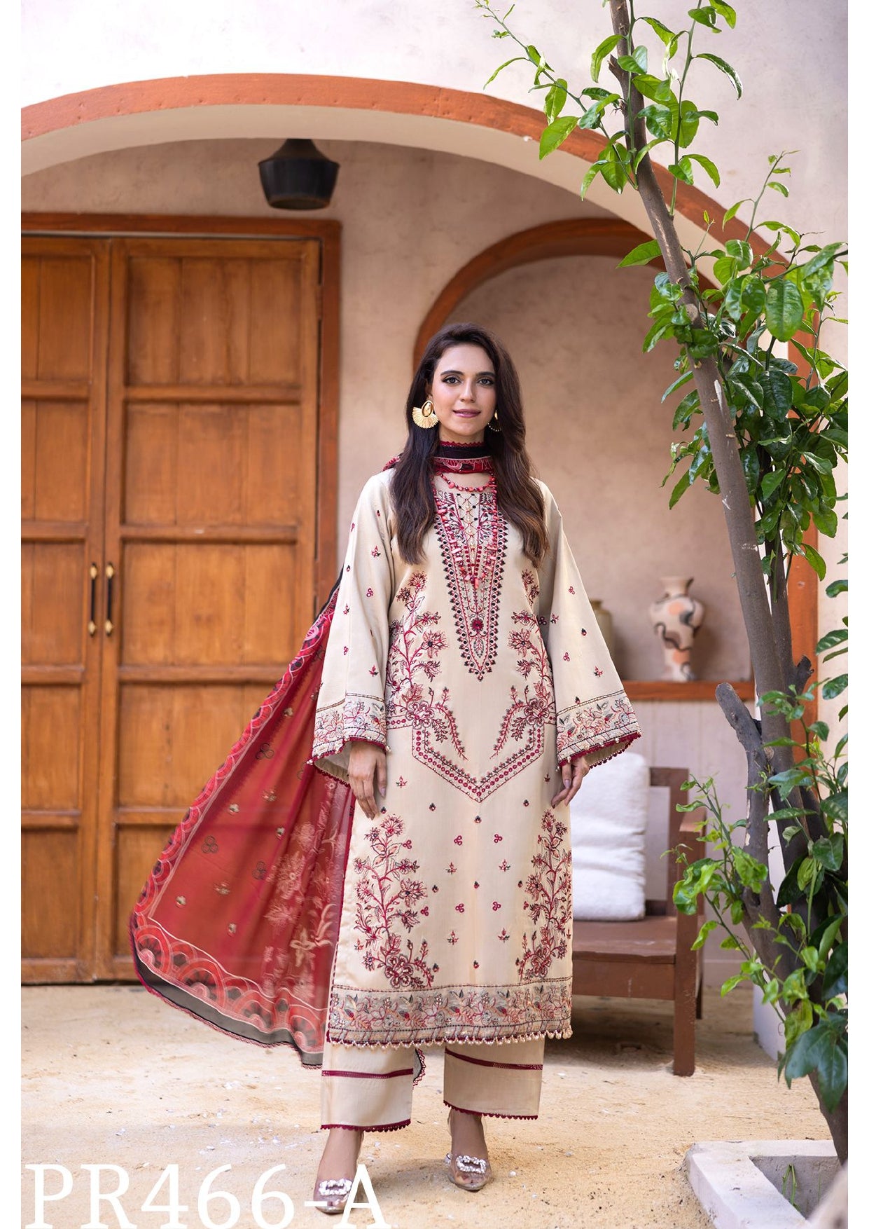 Classic Beige Embroidered 3-Piece Suit with Red Dupatta