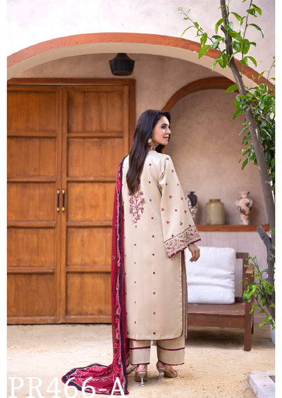 Classic Beige Embroidered 3-Piece Suit with Red Dupatta