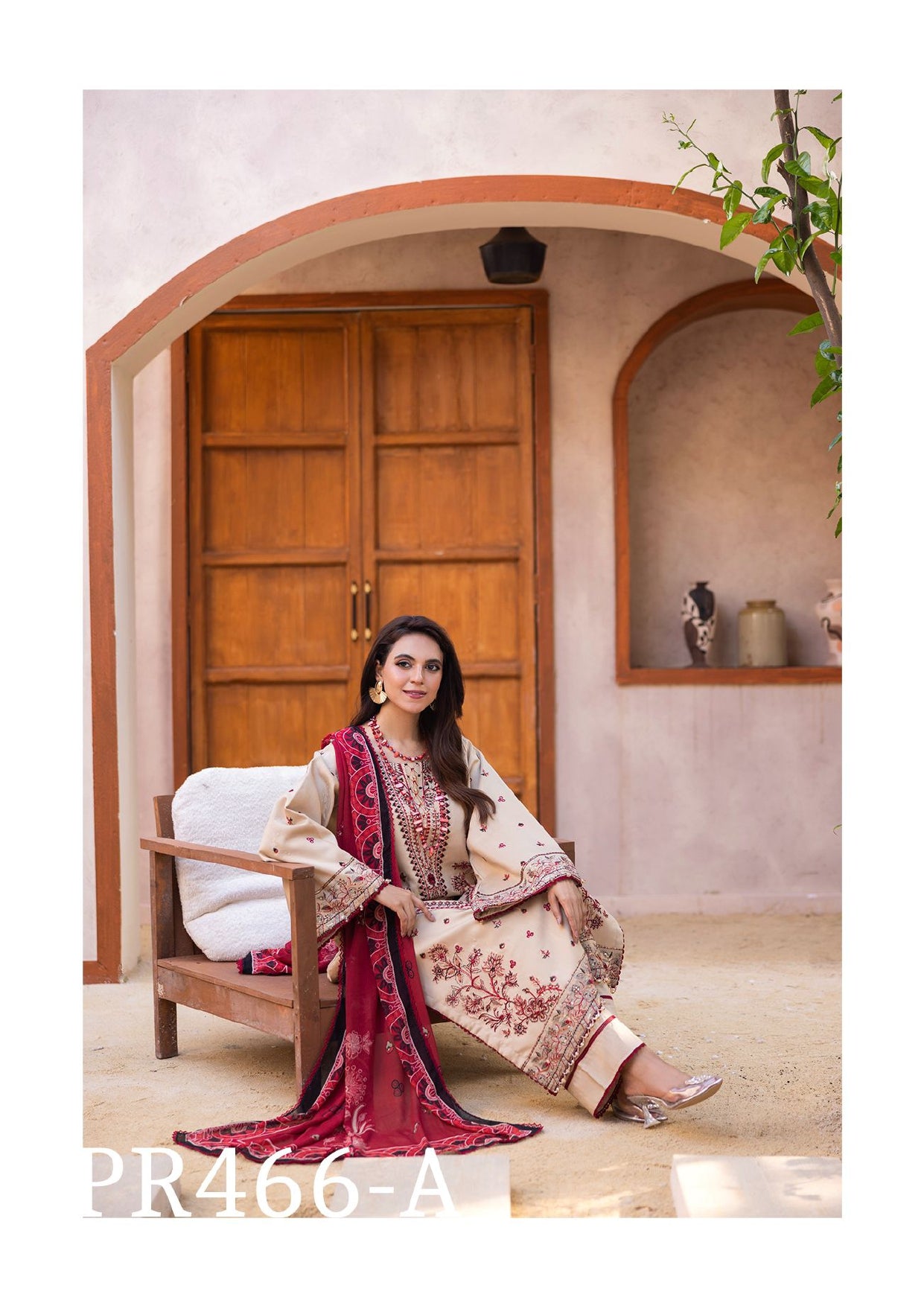 Classic Beige Embroidered 3-Piece Suit with Red Dupatta