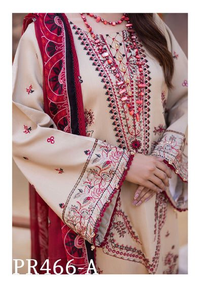 Classic Beige Embroidered 3-Piece Suit with Red Dupatta