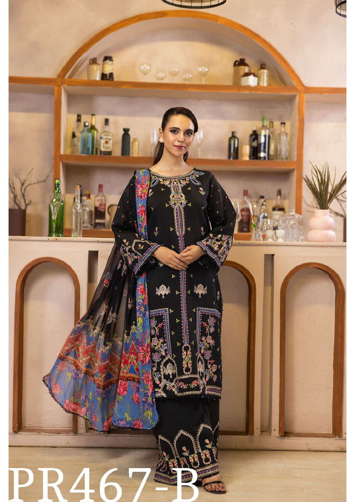 Elegant Black Viscose Embroidered 3-Piece Suit with Floral Dupatta – Bold and Beautiful