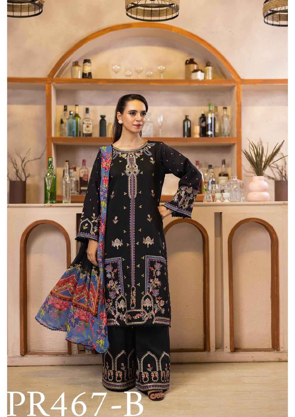 Elegant Black Viscose Embroidered 3-Piece Suit with Floral Dupatta – Bold and Beautiful