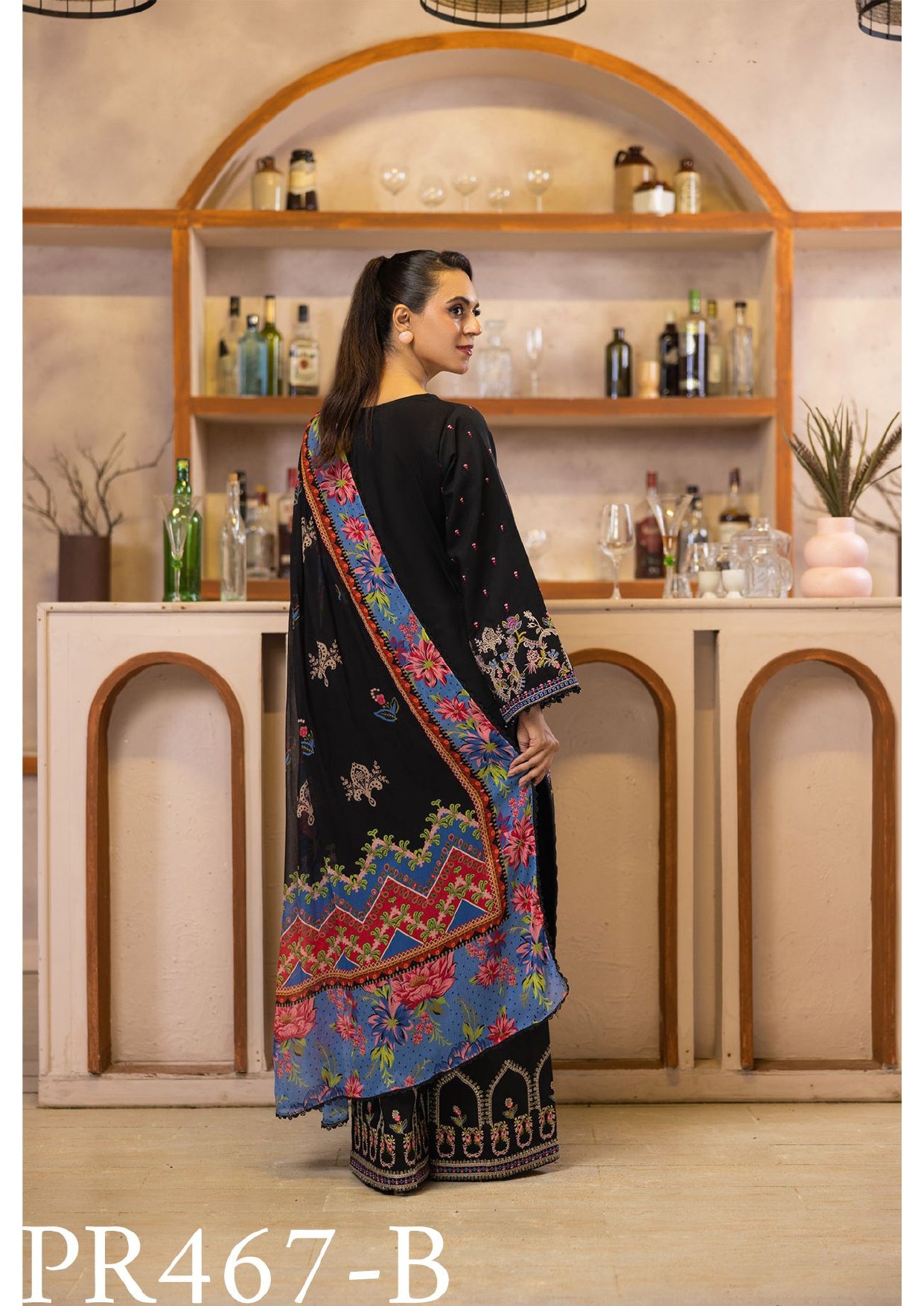 Elegant Black Viscose Embroidered 3-Piece Suit with Floral Dupatta – Bold and Beautiful