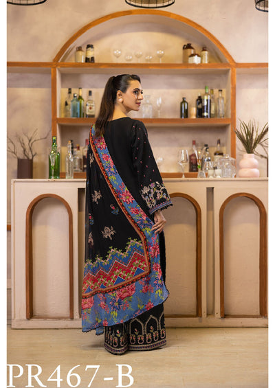 Elegant Black Viscose Embroidered 3-Piece Suit with Floral Dupatta – Bold and Beautiful