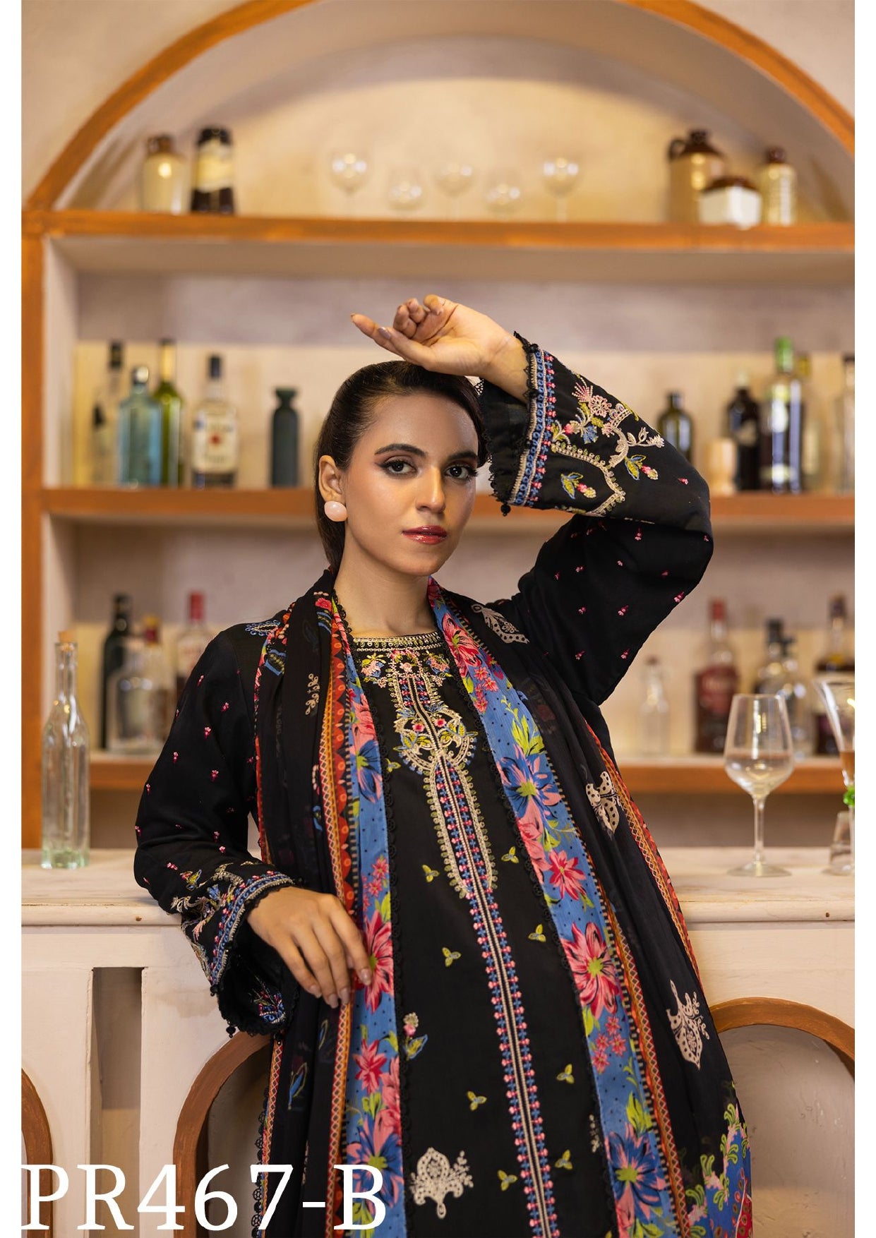 Elegant Black Viscose Embroidered 3-Piece Suit with Floral Dupatta – Bold and Beautiful