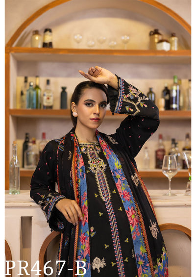 Elegant Black Viscose Embroidered 3-Piece Suit with Floral Dupatta – Bold and Beautiful