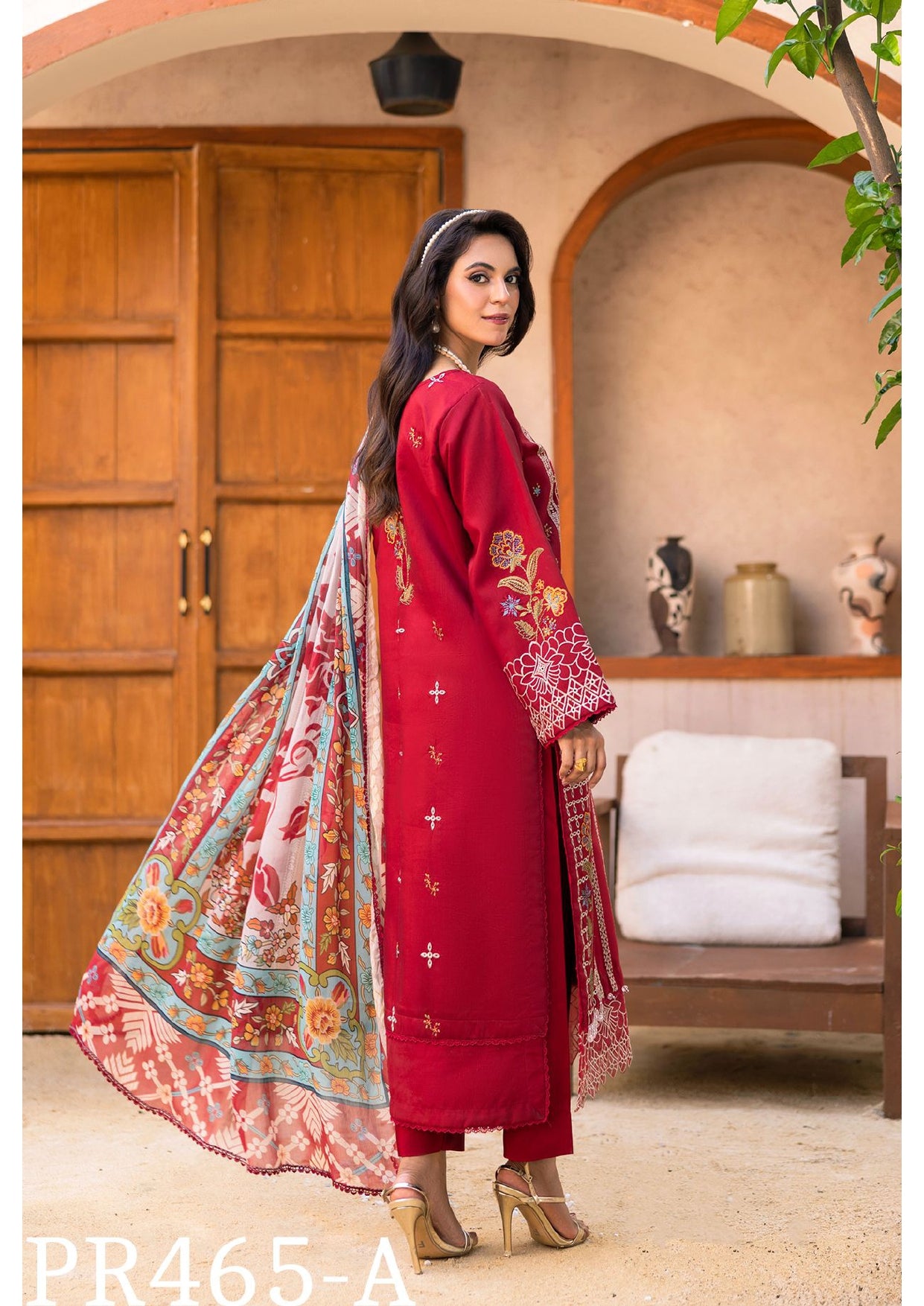 Exquisite Maroon Embroidered 3-Piece Suit with Floral Dupatta